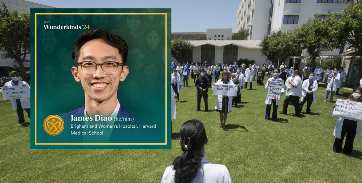 James Diao's STAT Wunderkind image inset on photo of health care workers participating in a “White Coats for Black Lives” event