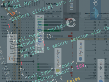 Collage of NHANES JSON data from PIC-SURE demo, UpSet visualization sample, and DBMI Github repo